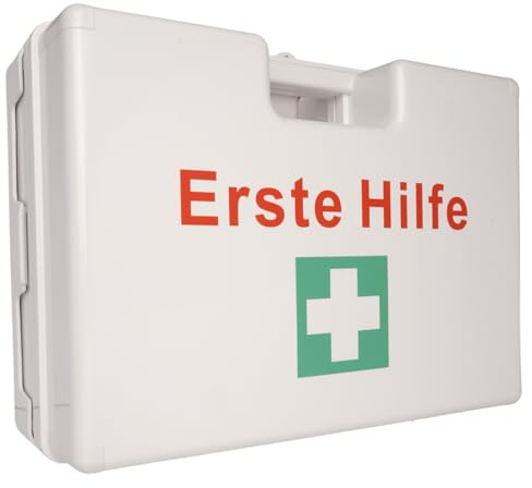First Aid Products Erste-Hilfe-Koffer LARGE weiß – inkl. DIN 13169:2021 Füllung 182-teilig – ABS Kunststoff, bruchsicher, Wandhalterung – Betriebsverbandkasten, Büro & Baustelle – 33×42×15 cm