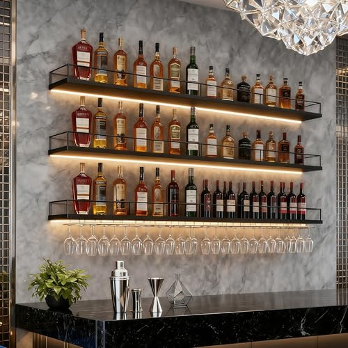 FKKPRVAX 120CM Botellero de Pared Industrial Luz LED, 3 Niveles Moderno Botellero de Metal con portavasos de, Multifuncional Estante para Vino Apto para Cocina, Bar, Cafetería y decoración (Negro)
