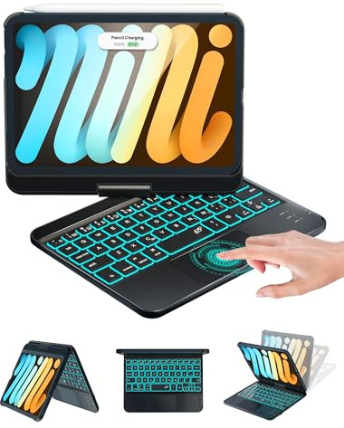 Baisla Funda con teclado para iPad mini A17 Pro (2024) y funda de teclado para iPad mini 6 (2021), funda rígida de alta calidad con trackpad, giro de 360 grados y retroiluminación de 7 colores para