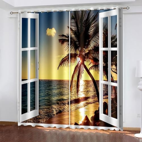 Wycian Fertiggardinen Gardine Schwarz Gelb 2 Er Polyester Fenster Blick Sonnenuntergang Meer Kokospalme H214 X B96Cm für Schlafzimmer