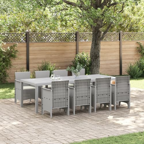 JHQHSM 9-TLG. Garten-Essgruppe mit Kissen aus robustem Poly-Rattan in Weiß, 8 Stühle und rechteckiger Tisch für 9 Personen, wetterfeste Outdoor-Möbel für Terrasse und Balkon,