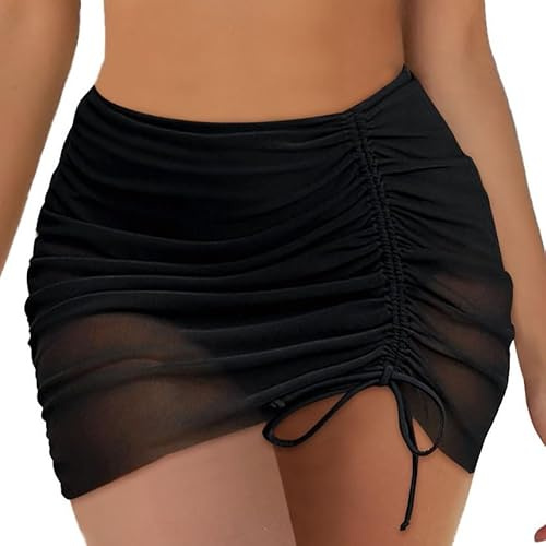 Jupe Transparente Sexy pour Femme - Sarong en Mousseline Courte -Transparente - Mini Jupe d'été Moulante légère - Jupe de Plage - Bikini - Jupe d'été - Serviette de Plage plissée - Noir