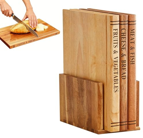 Cuisine Lot de 3 Planches à Découper en Forme de Livre avec Support, Planche à Découper Résistante en Bois, Planche à Hacher Antidérapante pour Viande Légumes Fruits(Beige)