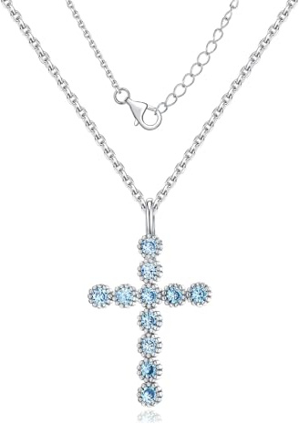 RANDES Aquamarine Cross Pendant March Birthstone Wedding Jewelry Sterling Silver Light Blue Stone Cross Necklace for Women