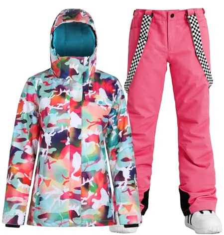 GSOU SNOW Women Ski Jacket and Pants Set Ski Suit Snowsuit Snow Coat Waterproof Hooded Winter Sports