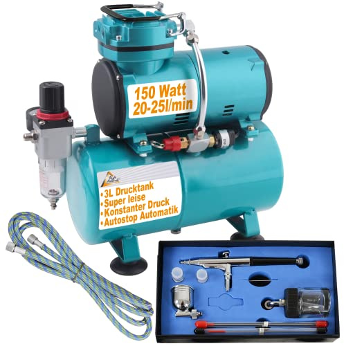 AIRBRUSH KOMPRESSOR SET UNIVERSAL II AIRBRUSH Kit für ANSPRUCHSVOLLE BEGINNER mit UNIVERSAL-AIRBRUSH-PISTOLE DOUBLE-ACTION inkl. 3 Düsen + Nadeln + Fließbecher + Glas und Druckluftschlauch