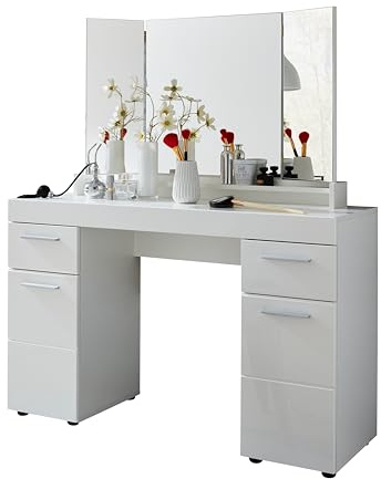 trendteam smart living - Amanda - Schminktisch - Weiß Hochglanz - Schreibtisch mit Aufsatzspiegel klappbar 1 Tür und 2 Schubladen - (BxHxT) 120 x 141 x 41 cm - Kosmetikschrank mit Stauraum - Modern | B 120 x H 141 x T 41 cm · Vollauszug · 2 Türen, 2 Schubladen, 1 offenes Fach, 2 Einlegeböden