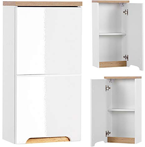 Lomadox Badezimmer Hängeschrank Hochglanz weiß mit Wotaneiche, 1 Tür, 1 EInlegeboden, B/H/T: 35/70/20cm