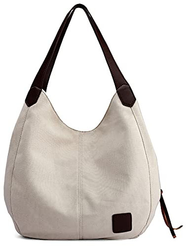 DIRRONA Mode Damen Canvas Handtasche Damen Canvas Schultertasche Canvas Tragetasche Leicht Sanft Handtasche Hohe Kapazität Reise Schultertaschen Beige Weiß