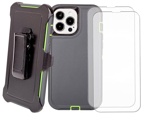 WallSkiN Schutzhülle für iPhone 13 Pro Max (6,7 Zoll) mit 2 Displayschutzfolien, robuster Ganzkörper-Fallschutz in Militärqualität, Holster für Herren, Gürtel mit Clip-Ständer, Grau/Grün