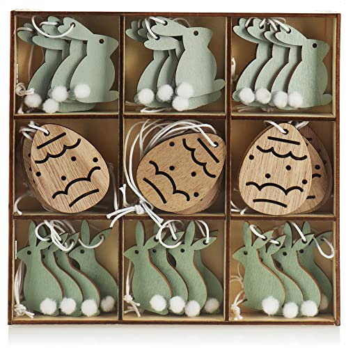 com-four® 36x Dekoaufhänger Ostern, Osterschmuck aus Holz zum Aufhängen | Holzaufhänger für den Osterstrauß - Hasen und Eier
