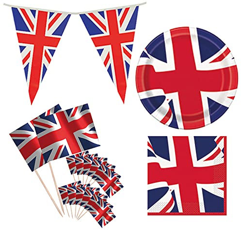 AK Giftshop Union Jack Street Garden Party Pack Jubilee - Plates / Napkins / Bunting / Food Flags (set 1)