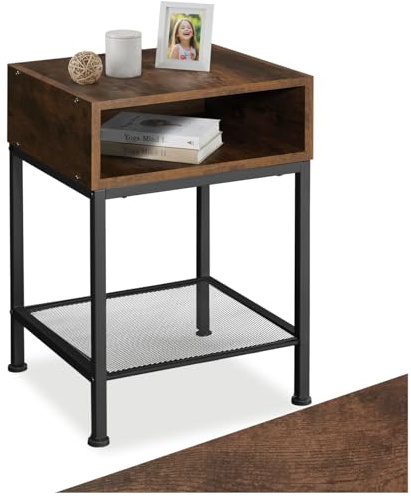 tectake® Nachttisch, Beistelltisch Couch mit offenem Fach und Gitterablage, Pflanzenständer, Möbel Deko Schlafzimmer, Nachtschrank, Wohnzimmer Möbel, Zimmer Deko - Industrial Holz dunkel, rustikal