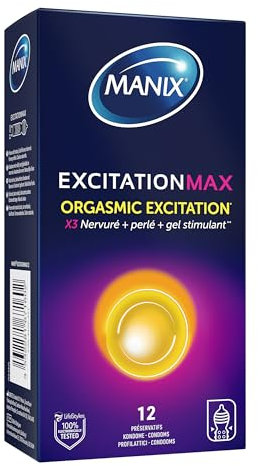 Manix Excitation Max : Texture Nervurée Perlée et Gel Chauffant / Boite de 12 Préservatifs pour Homme à Triple Stimulation pour un Plaisir Intense et une Excitation Orgasmique