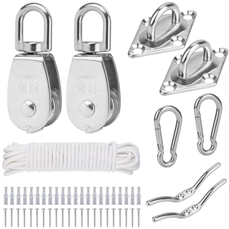 TooTaci M25 Umlenkrollen Edelstahl 304, Edelstahl-Hebepulley mit 6mm/10M Nylonseil & Karabiner, Ovaler Ösen-Befestigungsplatte, Seilklampen-Haken, für Wäscheleine, Sonnensegel