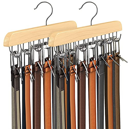 Resovo Cintre de ceinture pour placard, porte-ceinture en bois robuste, accessoires de placard avec 14 crochets, organiseur de ceinture pour organiseurs de placard et rangement maximum de 42 ceintures