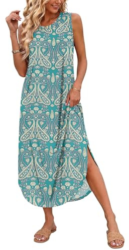 AUSELILY Vestito Lungo Donna Estivo Vestito da Spiaggia Mare Abito T-Shirt Donna Lungo Maxi con Spacco Laterale e Tasche Boho Floreale Verde1 S