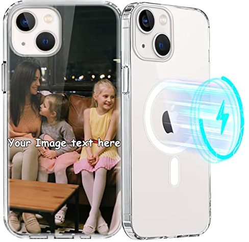 Yoedge Personalisierte Handyhülle für iPhone 13 6,1, [Kompatibel mit MagSafe] Magnetisch Hülle mit Eigenem Foto Bild Text Schutzhülle Selbst Gestalten, Transparent Weiche Dünn Silikon Stoßfest Case