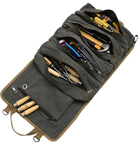 Werkzeug-Rolltaschen | Robuste Werkzeugrolle aus 16oz gewachstem Segeltuch, 5 verteilte & 1 abnehmbare Reißverschlusstasche, Vielseitiges werkzeug tool tasche für Elektriker Mechaniker | Armee grün