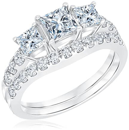 Molioaki Damen Platin überzogenes Silber Prinzessin-Schnitt 5A Zirkonoxid Ringset Schmuck für Braut Hochzeit Band Verlobungsring Trauring Ehering -50