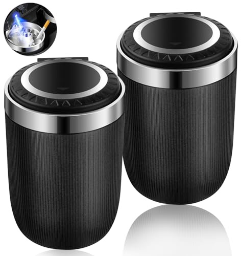 CLIUNT Cendrier de Voiture, 2PCS Cendrier Voiture avec Couvercle et Lumière LED, Cendrier de Automatique, pour Le Bureau à Domicile Voiture Voyage (Noir)