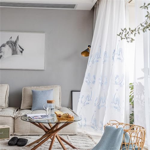 KEKUYA 1 er Set Wohnzimmer Gardinen,Voile Gardinen Vorhang halbtransparent mit Ösen Gardinen Modern für Schlafzimmer Balkontür Luftige Gardinen, Blaue Stickerei B270×H213cm