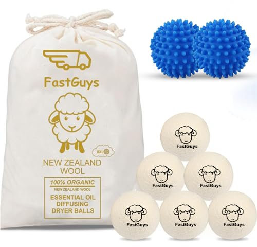 FastGuys® Pack 6 + 2 Bolas Secadora De Ropa y Bolas Lavadora Antiarrugas Colada Suave Y Ahorro Energético Pelotas De Secado Lana Extragrandes XXL Naturales y Reutilizables Dryer Balls