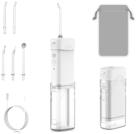 Foldable Oral Irrigator with 5 Modes, Portable Cordless Water Dental Flosser 5 Replaceable Jet Tips, Rechargeable IPX7 Waterproof Teeth Cleaner for Home and Travel (White1)