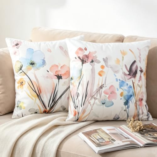 NIULAA Samt Kissenbezug 40x40 2er Set Bunt Blumen Deko Kissenbezüge Sofakissen Dekokissen Landhausstil Kissenhüllen Aesthetic Couchkissen Set Kuschelkissen Quadratisch Kissenhülle Zierkissen