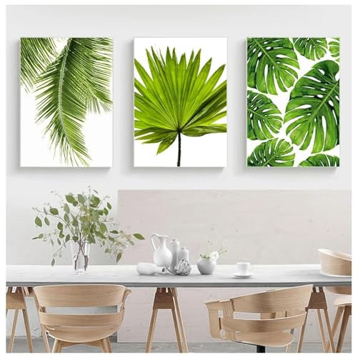 NXMYDBD Tropisches Bananenblatt-Leinwandgemälde, frische Palmblätter, nordisches Grünpflanzen-Poster, grünes Wandbild, Raumdekoration, 50x70cm (20x28 Zoll), 3xungerahmt
