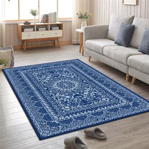 Kunsen 80X140CM Teppich Büro Modische Wohnzimmerdekoration im Retro-Stil, schmutzabweisend, waschbar und bequem Gross Blau Flickenteppich Teppiche Wohnzimmer