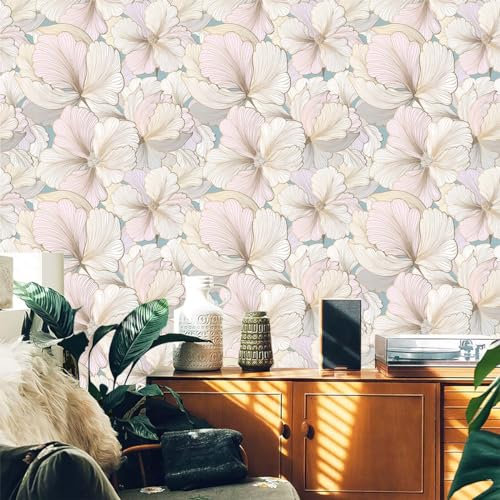 Selbstklebende Tapete Rosa Beige Blumen Strukturtapete Wandtattoo Schlafzimmer Tapete Selbstklebend Vliestapete Wallpaper for Living Room Tapeten Wandschutzfolie 45x300cm