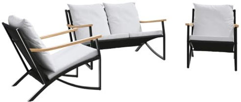 vidaXL 3-tlg. Balkonmöbel-Set mit Kissen Schwarz Stahl, Möbel Balkon, Gartenbank und Sessel, Garten Lounge Set, Gartenmöbel Set, Gartensessel und Bank