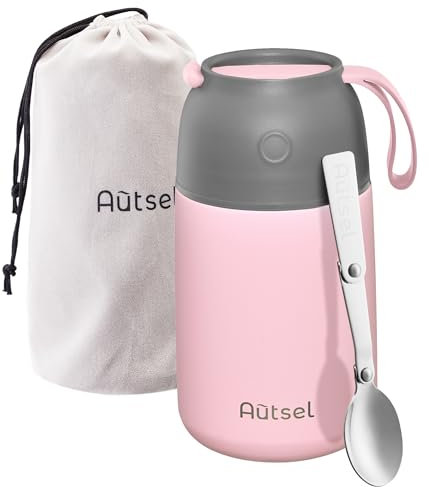 Autsel Food Flask for Cold/Hot Food, 700ml Thermal Soup Flask, Insulated Food Container, Stainless Steel Food Jar with Folding Spoon - Keep 12h Cold & Hot