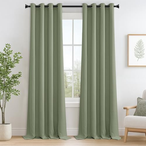 MRTREES Rideau Occultant Thermiques Anti Chaleur, Rideaux Opaque Thermique Isolant Anti Froid à Oeillets, Rideau Phonique Anti Bruit pour Chambre Salon, Vert Sauge, 140x250 cm, 2 Pièces