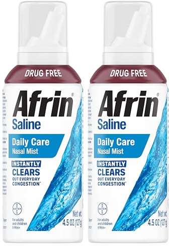 Afrin Saline Nasal Spray Twin Pack, 100% Drug Free, Saline Solution, Daily Care Nasal Spray for Everyday Congestion and Dry Nose, Easy Mist, 4.5 OZ (Pack of 2)