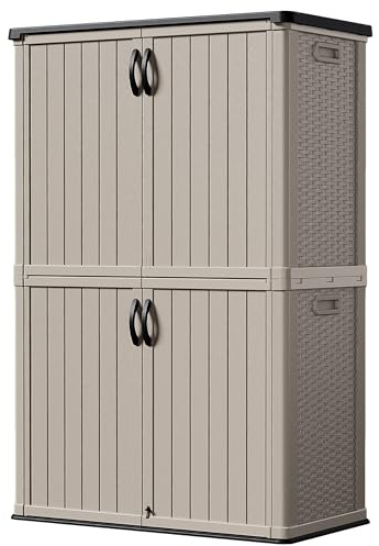 Devoko Outdoor Storage Cabinet 50 Cu Ft with Lockable Doors, Vertical Storage Shed Waterproof Patio Tools Storage Box for Sofa Cushions, Gardening Tools and Accessories (Beige)