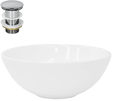 LuxeBath Waschbecken Keramik rund Ø 280 x 116 mm Weiß mit Ablaufgarnitur Silber, Aufsatzwaschbecken für Badezimmer/Gäste-WC, Modernes Aufsatzbecken, Waschtisch Waschschale Waschplatz Handwaschbecken