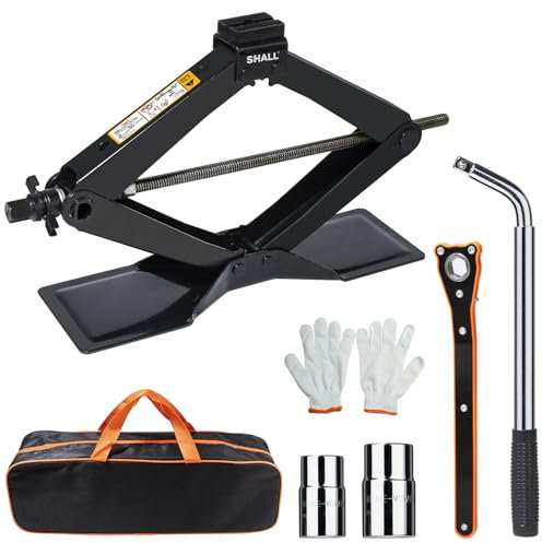SHALL 2 Ton Scissor Jack Kit - Extra Long & Wide Base, Lift Tyre 98mm-400mm Full Tyre Change Set (Ratchet, Wheel Spanner & Gloves) for Cars and SUV