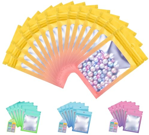Plaphy 100 Sacchetti Mylar in Alluminio con Finestra et Zip (12x18cm) | Buste Mylar Ermetiche per Alimenti, Bustine con Foro di Sospensione per Confezionamento e Conservazione, Giallo e Arancione
