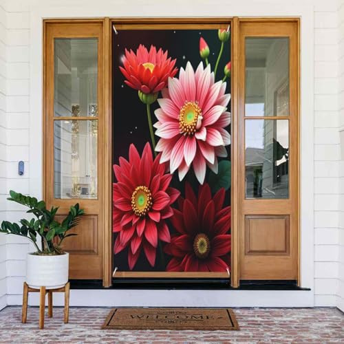Realistic Dahlia Red Print No.5 Door Covers Decorative, Door Banner Decorations for Indoor/Outdoor, Spring Summer Fall Winter Halloween Christmas Home Decorations
