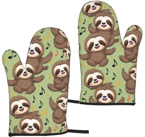 Divertente e carino animale bradipo stampa musicale elegante unisex guanti da barbecue 5,9 x 27,9 cm guanti da cucina impermeabili per cucinare cottura