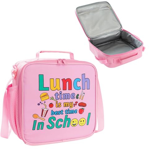WAKOSAN Girls Insulated Lunch Bag Pink Smile Waterproof Kids Bento Box Bag | Double Layer Thermal Cooler with Adjustable Strap & Mesh Pocket for School Picnic Daycare, Easy Wipe Clean Polyester