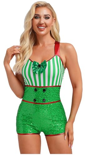 Rswnyirn Dam julkostym sockerstänger rollspel outfit randig bodysuit body tröja ärmlös temafest danskostym grön XL
