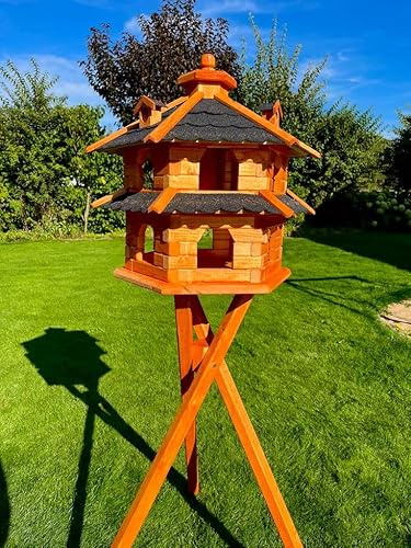 Vogelhaus doppelstöckig,wahlweise mit Ständer und Solarbeleuchtung, Verschiedene Größen L - XXL, Futtersilo, wetterfestes Bitumendach (schwarz, Größe L Ständer)