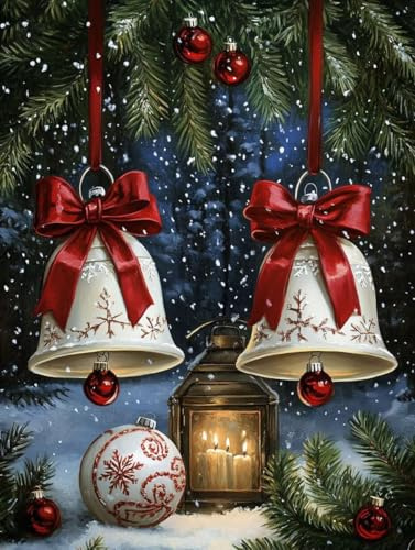 Decoration Noel Diamond Painting rouge Kits, DIY Diamond Painting Adulte Enfant Les cloches Set, Diamant Loisirs CréAtifs Adultes, Peinture Diamant Cristal Art, IdéAl Hiver Cadeau Noel 30x40cm u-128