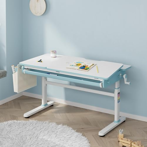 [en.casa] Scrivania Regolabile in Altezza 54–76 cm per Cameretta con Piano 120 x 60 cm Inclinabile e Cassetto Portaoggetti Tavolo Studio Disegno per Bambini Ganci Borsa Laterale - Azzurro/Bianco