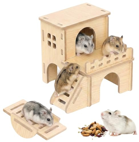 Hamster Zubehör 2-teiliges Set, Holz Hamsterhaus mit Versteck und Wippe, Beschäftigungs-Spielzeug für Nager, Mehrkammernhaus für Zwerghamster und Meerschweinchen, Einfache Montage und Reinigung