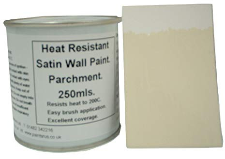 Fascinating Finishes Ltd 1 x 250ml Satin Parchment Heat Resistant Wall Paint. Wood Burner Stove Alcove. Brick, concrete, plaster, cement board, rendering, metal, timber etc. Cream/Off White.