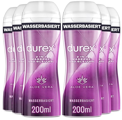 Durex 2 in 1 Massage- und Gleitgel Aloe Vera – Für Ganzkörpermassagen & Intimbereich, mit Massage-Applikator für einfaches Auftragen – 200 ml (6 x 200 ml)